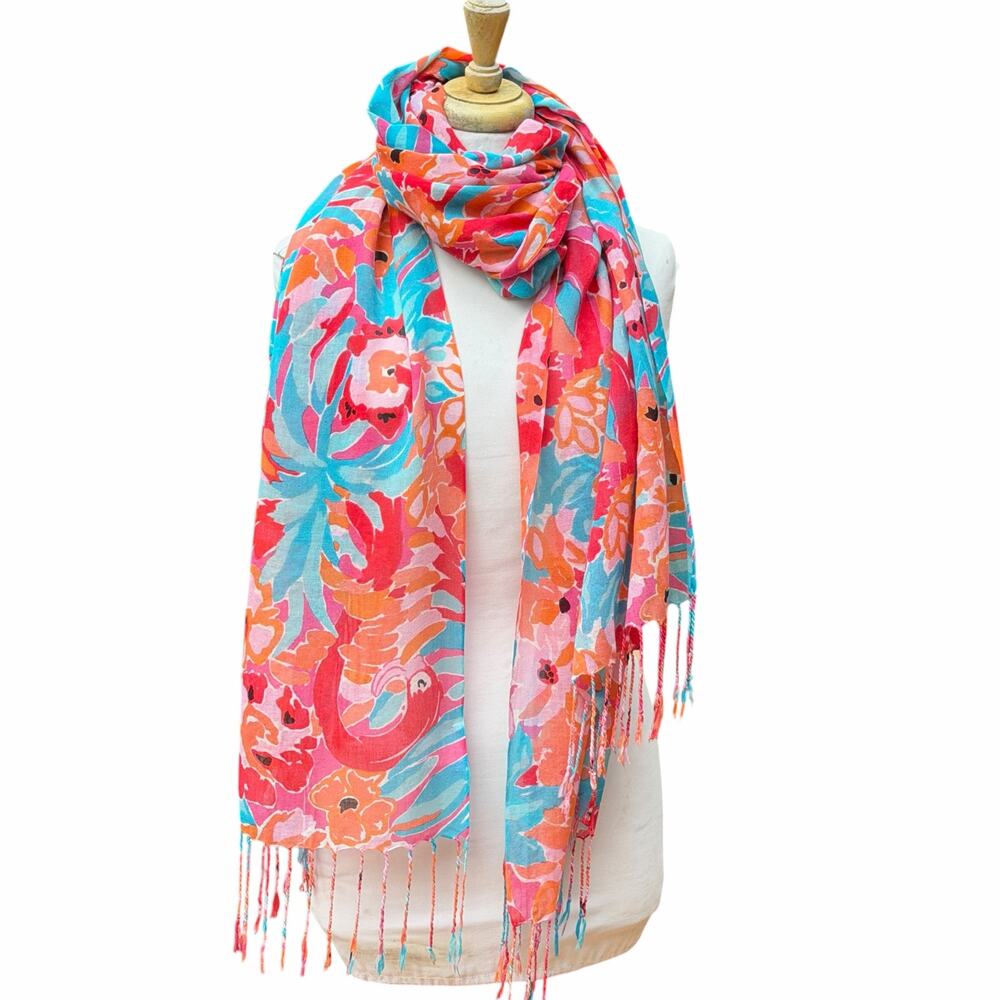 Lilly Pulitzer Silk Cashmere Tropical Flamingo Fringe Scarf Wrap - Picture 13 of 13